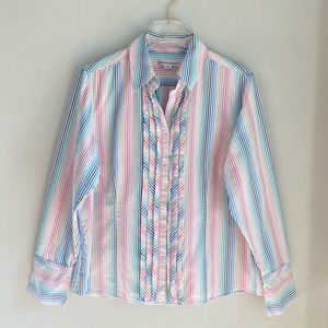 Pendleton Multicolor Striped Long Sleeve Blouse Size 16 Ruffle Trim Candy Pastel